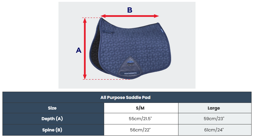 2025 Weatherbeeta Suede Elite Air-Tec All Purpose Saddle Pad  Size Chart